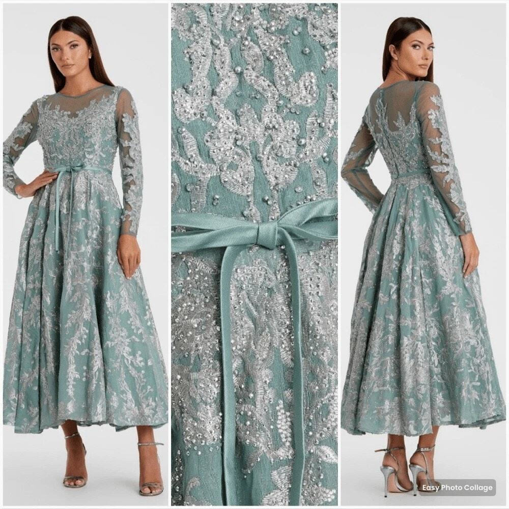 MAC DUGGAL 20337 Embellished Long Sleeve A Line Green Size 8